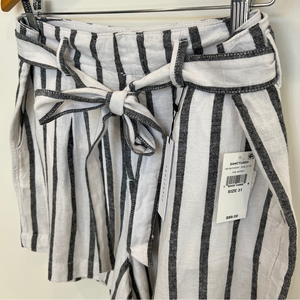 ❤️💜💙💛 Sanctuary White Navy Striped Linen Inland High Rise Paperbag Shorts NWT - Picture 4 of 10